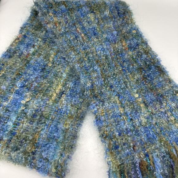 Mucros Weavers Boucle Mohair Wool Scarf Killarney Ireland Blue/Green Fringe 67" - Picture 6 of 6